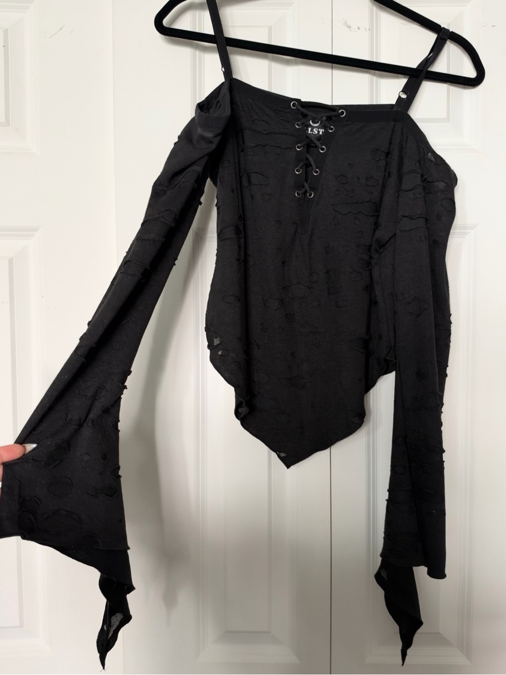 Killstar Black Distressed Off-Shoulder Lace-Up Crop Top